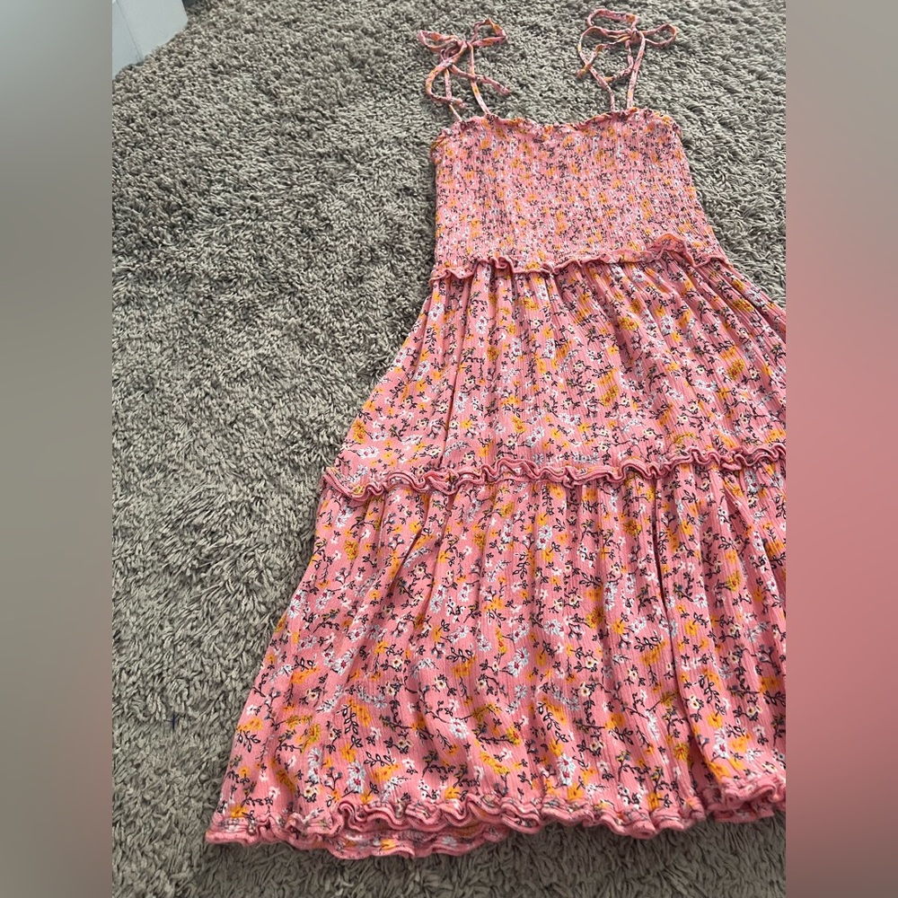 Wild Fable Pink and Orange Micro Floral Tiered Mini Sundress W/ Smock Detail. S. - Picture 7 of 12